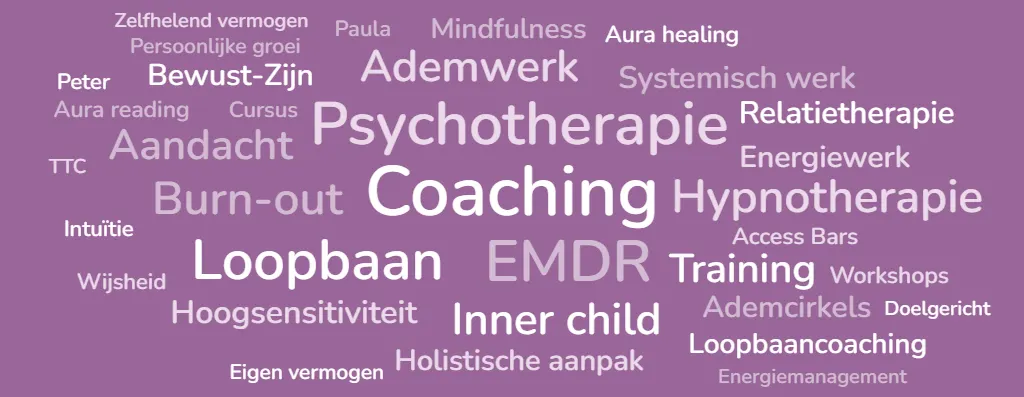 Woordwolk met de werkwijzen van de praktijk: coaching, psychotherapie, EMDR, hypnotherapie, ademwerk, loopbaan en meer