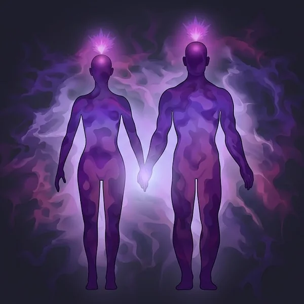 Twee figuren met een paarse aura en licht tussen hun handen