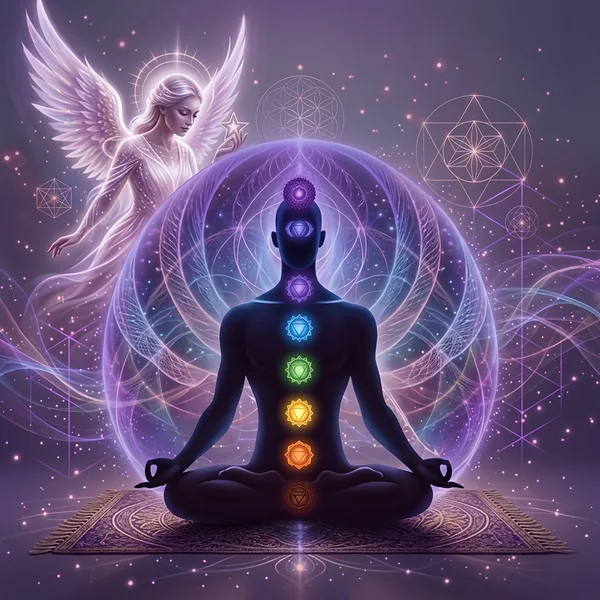 Figuur in lotushouding met de zeven chakras en een stralende aura