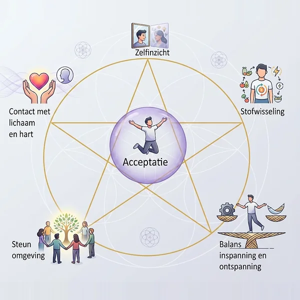 Diagram met acceptatie in het midden en daaromheen zelfinzicht, stofwisseling, balans tussen inspanning en ontspanning, steun uit de omgeving en contact met lichaam en hart