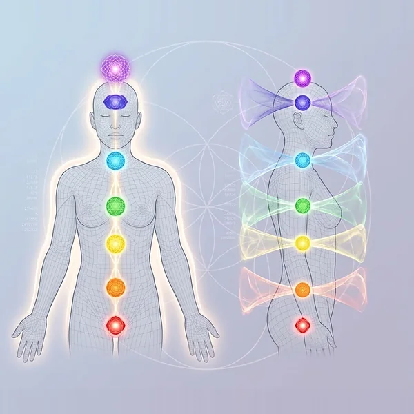 Menselijke figuur met de zeven chakras langs de wervelkolom
