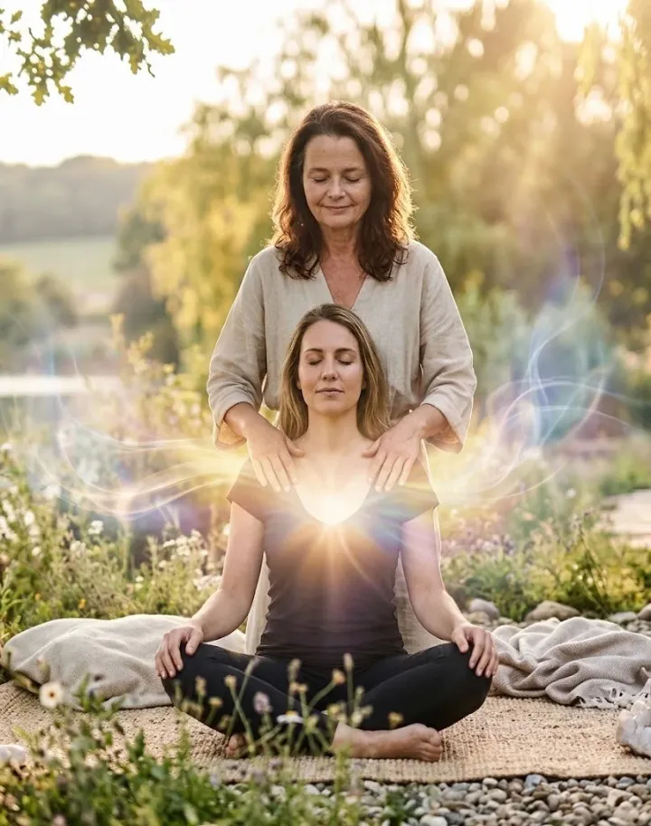 Vrouw geeft een energetische behandeling aan een vrouw die buiten in kleermakerszit zit