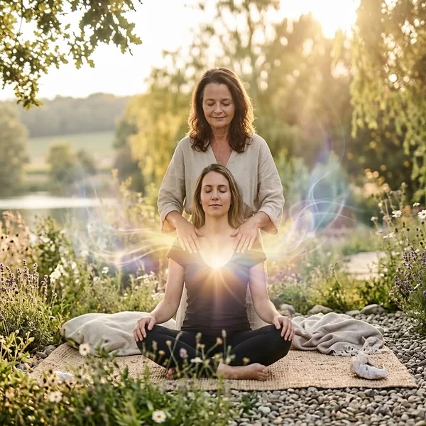 Vrouw geeft een energetische behandeling aan een vrouw die buiten in kleermakerszit zit