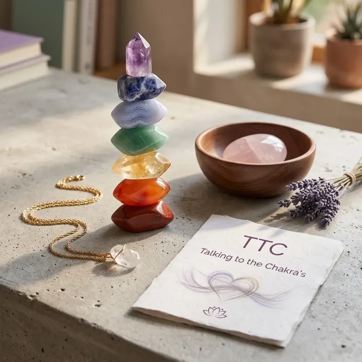 Chakrastenen, een houten schaal en een kaart van Talking to the Chakras op een tafel