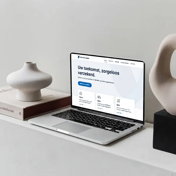 Laptop op een kast met de website van een verzekeraar op het scherm